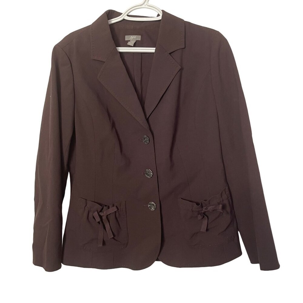 J.Jill Womens Stretch Blazer With Bow Pocket Size 10 Petite Chocolate Brown